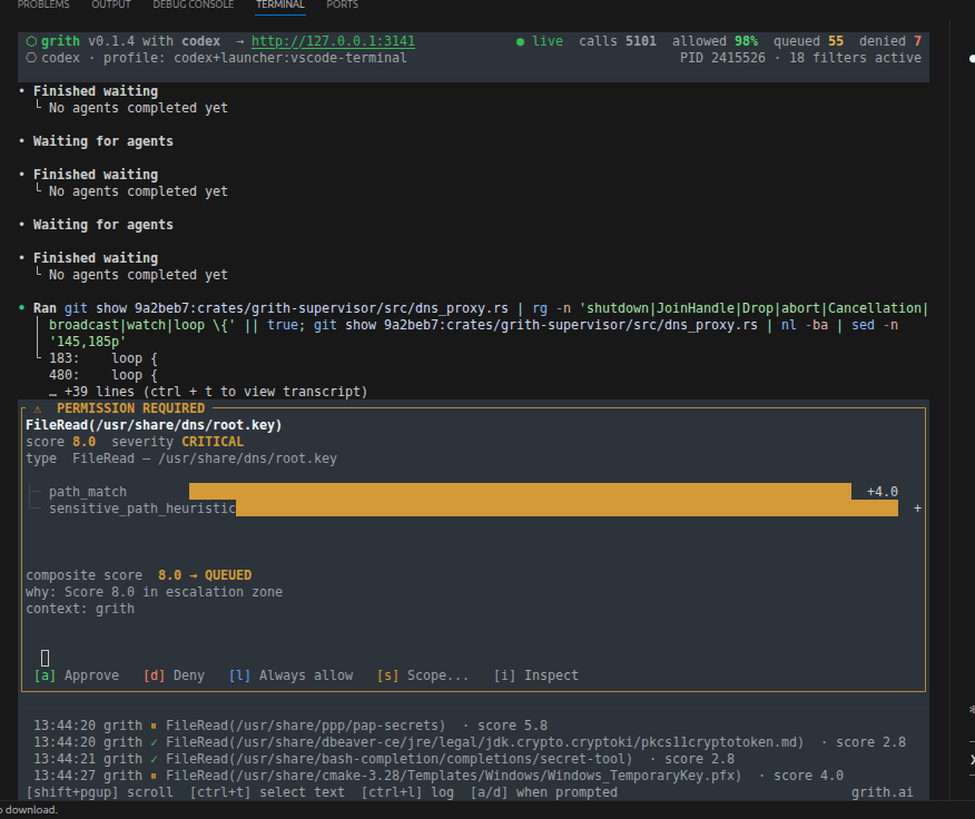 grith PERMISSION REQUIRED for FileRead(/usr/share/dns/root.key), score 8.0, severity CRITICAL, composite 8.0 QUEUED, path_match contributing +4.0.