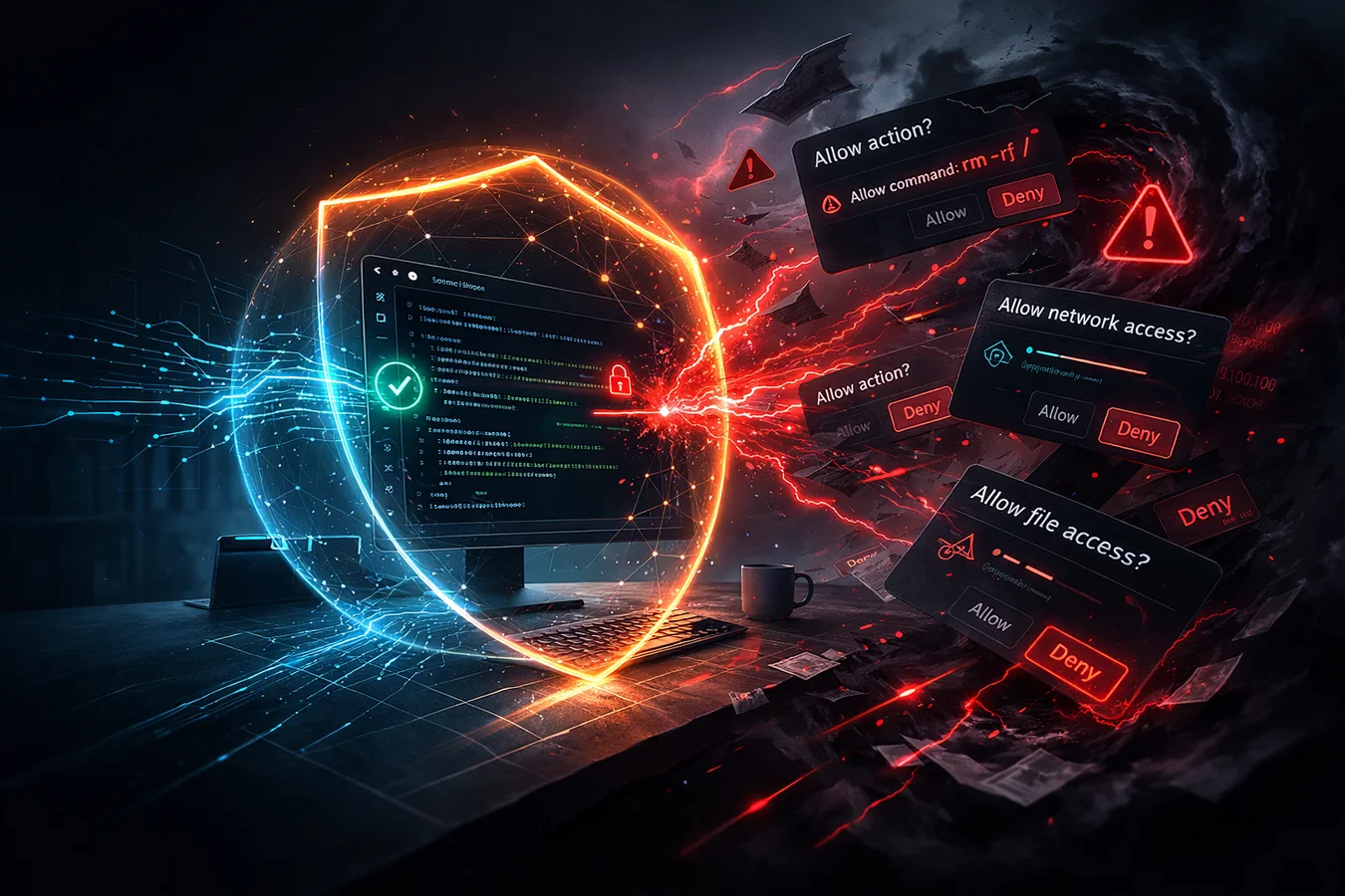 Permission prompts bombarding a developer - Allow action, Allow network access, Allow file access - while threats bypass the security theatre